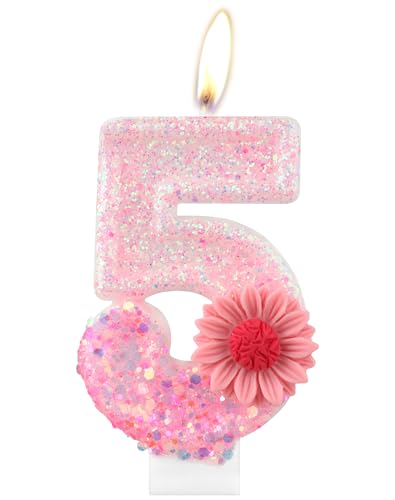 Rosa Gänseblümchen Geburtstagskerzen, rosa Geburtstag Nummer 5 Kerzen für Geburtstagskuchen, rosa Blume, 5th Geburtstagskerze, Glitzer-Blumenkerze für Mädchen, 5th Geburtstag Party-Dekorationen Rosa Gänseblümchen Geburtstagskerzen, rosa Geburtstag Nummer 5 Kerzen für Geburtstagskuchen, rosa Blume, 5th Geburtstagskerze, Glitzer-Blumenkerze für Mädchen, 5th Geburtstag Party-Dekorationen von mciskin