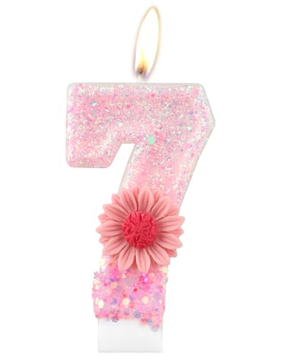 Rosa Gänseblümchen Geburtstagskerzen, rosa Geburtstag Nummer 7 Kerzen für Geburtstagskuchen, rosa Blume, 7th Geburtstagskerze, Glitzer-Blumenkerze für Mädchen, 7th Geburtstag Party-Dekorationen Rosa Gänseblümchen Geburtstagskerzen, rosa Geburtstag Nummer 7 Kerzen für Geburtstagskuchen, rosa Blume, 7th Geburtstagskerze, Glitzer-Blumenkerze für Mädchen, 7th Geburtstag Party-Dekorationen von mciskin