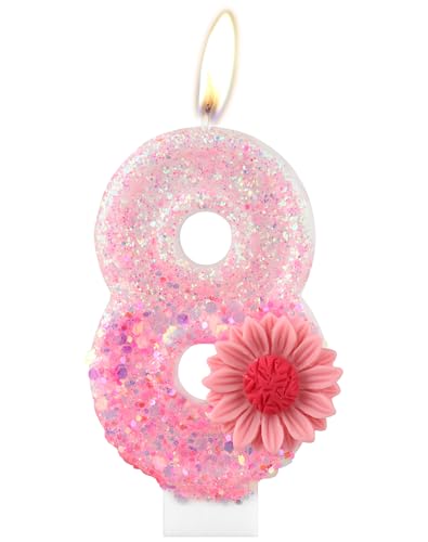 Rosa Gänseblümchen Geburtstagskerzen, rosa Geburtstag Nummer 8 Kerzen für Geburtstagskuchen, rosa Blume, 8th Geburtstagskerze, Glitzer-Blumenkerze für Mädchen, 8th Geburtstag Party-Dekorationen Rosa Gänseblümchen Geburtstagskerzen, rosa Geburtstag Nummer 8 Kerzen für Geburtstagskuchen, rosa Blume, 8th Geburtstagskerze, Glitzer-Blumenkerze für Mädchen, 8th Geburtstag Party-Dekorationen von mciskin