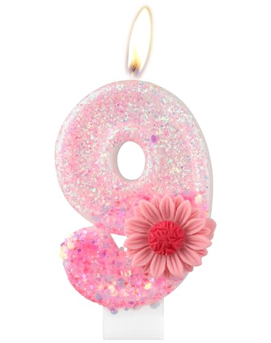 Rosa Gänseblümchen Geburtstagskerzen, rosa Geburtstag Nummer 9 Kerzen für Geburtstagskuchen, rosa Blume, 9th Geburtstagskerze, Glitzer-Blumenkerze für Mädchen, 9th Geburtstag Party-Dekorationen Rosa Gänseblümchen Geburtstagskerzen, rosa Geburtstag Nummer 9 Kerzen für Geburtstagskuchen, rosa Blume, 9th Geburtstagskerze, Glitzer-Blumenkerze für Mädchen, 9th Geburtstag Party-Dekorationen von mciskin