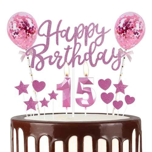 Rosa Happy 15th Birthday Kerzen mit Glitzer Happy Birthday Cake Topper, Rosa Happy Birthday Luftballons, Zahl 15 Kerzen für Kuchen, Rosa Kerzen Kuchen Topper für Mädchen Frauen Geburtstagsdekorationen von mciskin