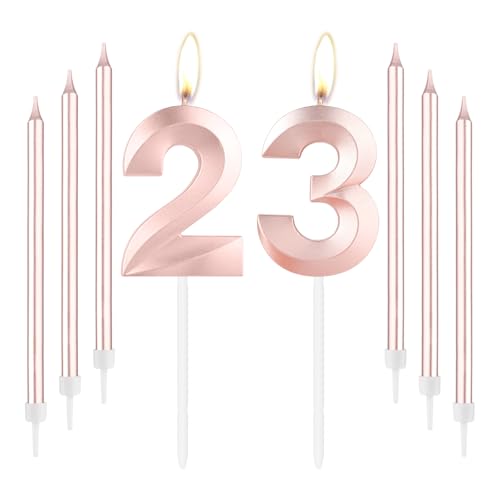 Rose Gold 23th Geburtstag Kerzen, Rose Gold Zahl 23 Kerze, Rose dünne lange Kerzen, Geburtstag Kerze, Rose Gold Kuchen Topper für Mädchen Frauen Geburtstagsparty, 23th Hochzeit Jubiläum Dekorationen von mciskin