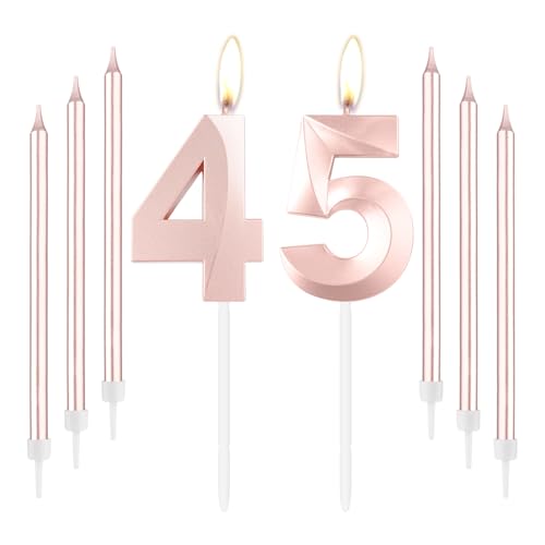 Rose Gold 45th Geburtstag Kerzen, Rose Gold Zahl 45 Kerze, Rose dünne lange Kerzen, Geburtstag Kerze, Rose Gold Kuchen Topper für Mädchen Frauen Geburtstagsparty, 33th Hochzeit Jubiläum Dekorationen von mciskin