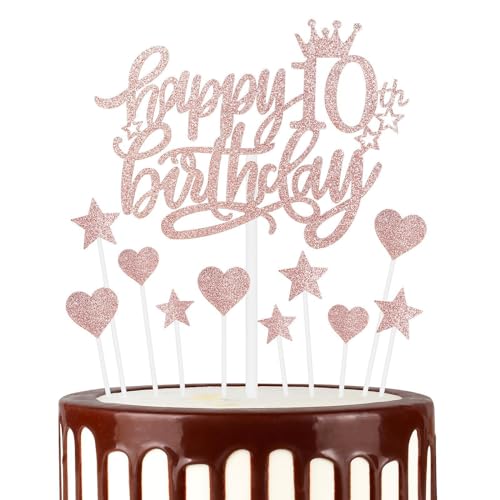 Roségold Alles Gute zum 10th Geburtstag Kuchenaufsatz, Roségold 10th Kuchen Cupcake Aufsatz für Kuchen, Glitzer Roségold 10 Jahre alt Kuchen Dekoration, 10th Geburtstagsgeschenke für Mädchen und Damen von mciskin