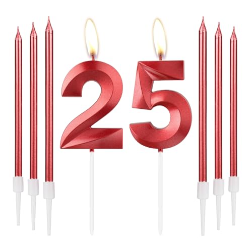 Rote Kerzen zum 25th Geburtstag, rote 3D Zahl 25 Zahlenkerzen, Dekor für Mädchen 25th Geburtstag, rote Kerzen-Kuchenaufsatz für Mädchen Frauen Geburtstag Party, rote lange Kerze,25th Hochzeitstag von mciskin