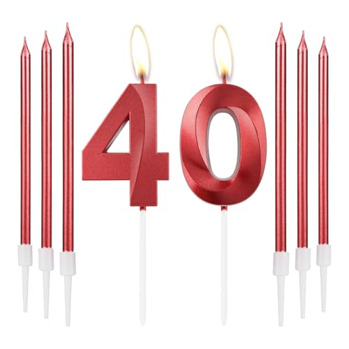 Rote Kerzen zum 40th Geburtstag, rote 3D Zahl 40 Zahlenkerzen, Dekor für Mädchen 40th Geburtstag, rote Kerzen-Kuchenaufsatz für Mädchen Frauen Geburtstag Party, rote lange Kerze,40th Hochzeitstag von mciskin