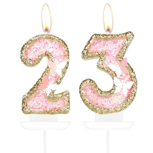 Schmetterling Zahl 23 Kerzen, Rosa Gold Happy 23th Birthday Kerzen für Kuchen, Mädchen 23 Geburtstag Kuchen Dekorationen, Schmetterling 23 Cake Topper, Gold Rosa Kuchen Kerzen Kuchen Topper für Frauen von mciskin