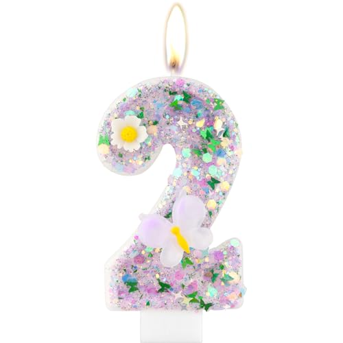 Schmetterlings 2nd Geburtstag Kerze, 2nd Geburtstag violette Zahl 2 für Kuchen, violette Pailletten Kerze, Schmetterlings Thema Kuchenaufsatz für Mädchen und Jungen Geburtstagsparty Dekorationen von mciskin