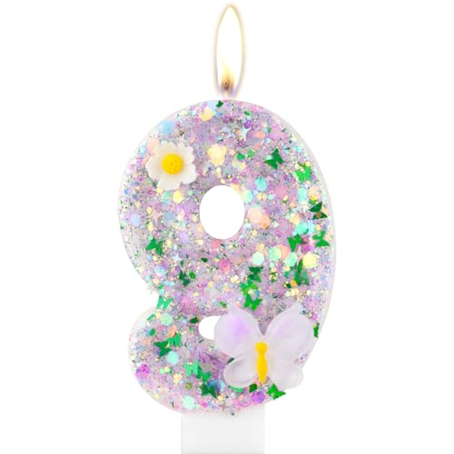Schmetterlings 9th Geburtstag Kerze, 9th Geburtstag violette Zahl 9 für Kuchen, violette Pailletten Kerze, Schmetterlings Thema Kuchenaufsatz für Mädchen und Jungen Geburtstagsparty Dekorationen von mciskin