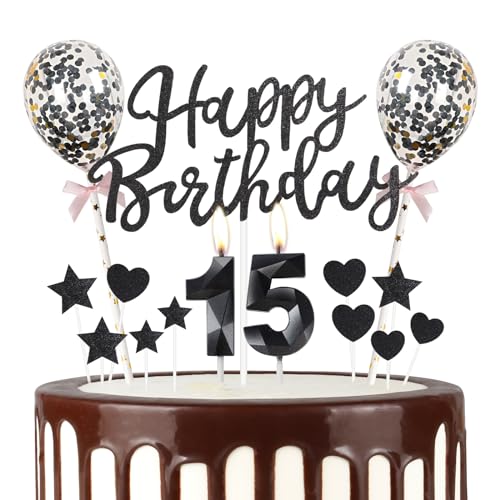 Schwarz 15th Geburtstag Kerze, Schwarz Alles Gute zum Geburtstag Kuchen Topper, Schwarz Ballons, Schwarz Zahl 15 Kerzen für Kuchen,Schwarz Kerzen Kuchen für Mädchen Jungen Frauen Geburtstag Party Schwarz 15th Geburtstag Kerze, Schwarz Alles Gute zum Geburtstag Kuchen Topper, Schwarz Ballons, Schwarz Zahl 15 Kerzen für Kuchen,Schwarz Kerzen Kuchen für Mädchen Jungen Frauen Geburtstag Party von mciskin