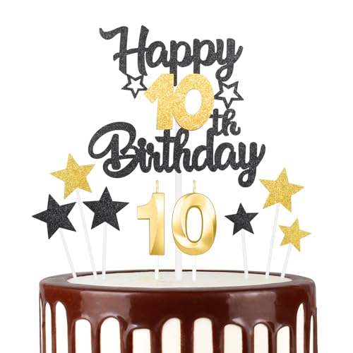 Schwarz Gold 10th Happy Birthday Kerzen Cake Toppers Set, Zahl 10 Kerze für Kuchen, Goldkerzen für Frauen Männer Geburtstagsdekorationen, Stern Kuchen Topper für Mädchen Jungen Geburtstag Party von mciskin