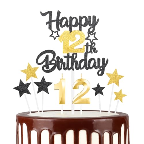 Schwarz Gold 12th Happy Birthday Kerzen Cake Toppers Set, Zahl 12 Kerze für Kuchen, Goldkerzen für Frauen Männer Geburtstagsdekorationen, Stern Kuchen Topper für Mädchen Jungen Geburtstag Party von mciskin