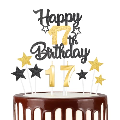 Schwarz Gold 17th Happy Birthday Kerzen Cake Toppers Set, Zahl 17 Kerze für Kuchen, Goldkerzen für Frauen Männer Geburtstagsdekorationen, Stern Kuchen Topper für Mädchen Jungen Geburtstag Party von mciskin