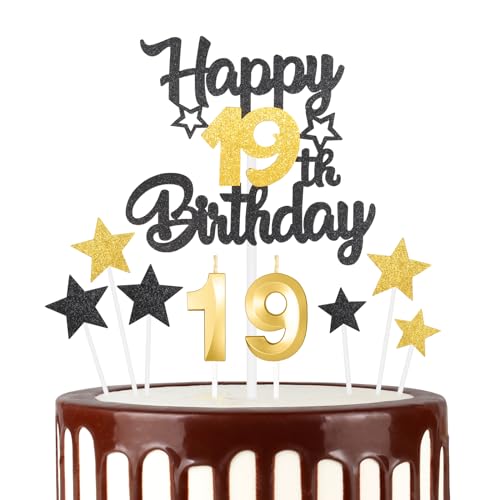 Schwarz Gold 19th Happy Birthday Kerzen Cake Toppers Set, Zahl 19 Kerze für Kuchen, Goldkerzen für Frauen Männer Geburtstagsdekorationen, Stern Kuchen Topper für Mädchen Jungen Geburtstag Party von mciskin