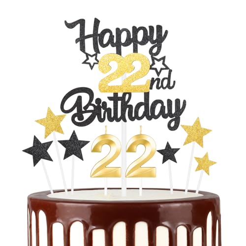 Schwarz Gold 22th Happy Birthday Kerzen Cake Toppers Set, Zahl 22 Kerze für Kuchen, Goldkerzen für Frauen Männer Geburtstagsdekorationen, Stern Kuchen Topper für Mädchen Jungen Geburtstag Party von mciskin