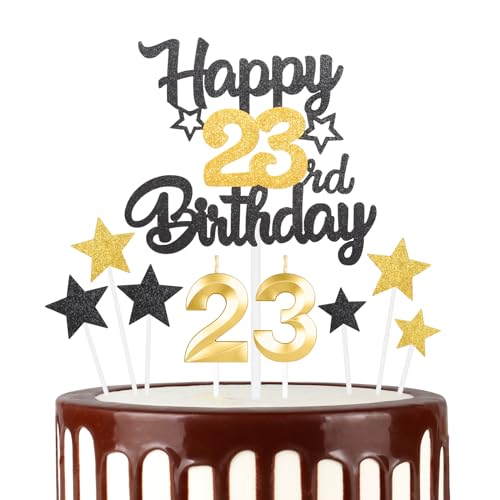 Schwarz Gold 23th Happy Birthday Kerzen Cake Toppers Set, Zahl 23 Kerze für Kuchen, Goldkerzen für Frauen Männer Geburtstagsdekorationen, Stern Kuchen Topper für Mädchen Jungen Geburtstag Party von mciskin