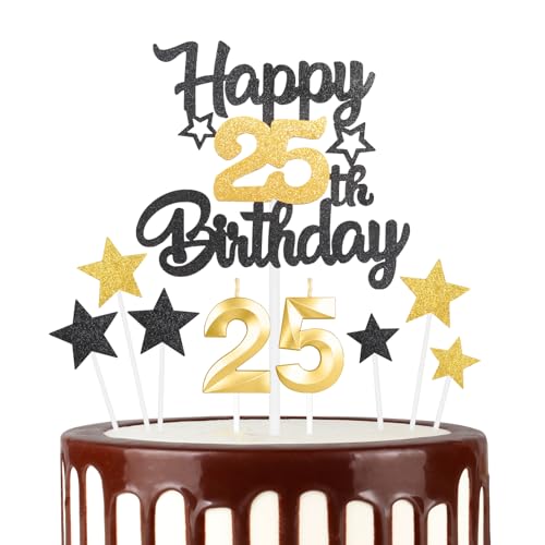 Schwarz Gold 25th Happy Birthday Kerzen Cake Toppers Set, Zahl 25 Kerze für Kuchen, Goldkerzen für Frauen Männer Geburtstagsdekorationen, Stern Kuchen Topper für Mädchen Jungen Geburtstag Party von mciskin