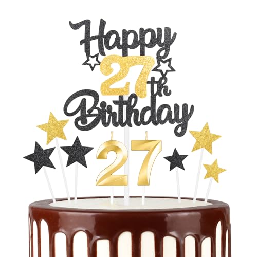 Schwarz Gold 27th Happy Birthday Kerzen Cake Toppers Set, Zahl 27 Kerze für Kuchen, Goldkerzen für Frauen Männer Geburtstagsdekorationen, Stern Kuchen Topper für Mädchen Jungen Geburtstag Party von mciskin