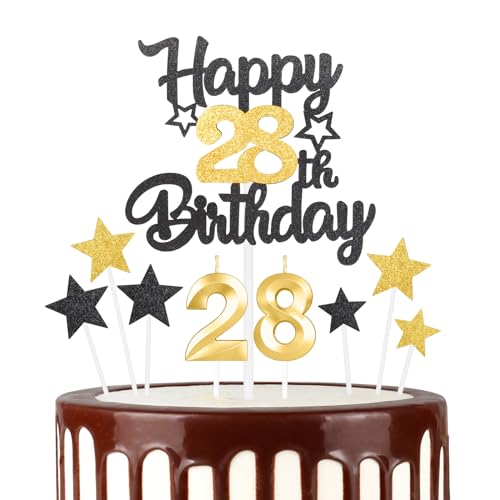 Schwarz Gold 28th Happy Birthday Kerzen Cake Toppers Set, Zahl 28 Kerze für Kuchen, Goldkerzen für Frauen Männer Geburtstagsdekorationen, Stern Kuchen Topper für Mädchen Jungen Geburtstag Party von mciskin