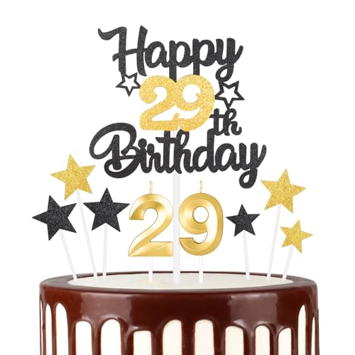 Schwarz Gold 29th Happy Birthday Kerzen Cake Toppers Set, Zahl 29 Kerze für Kuchen, Goldkerzen für Frauen Männer Geburtstagsdekorationen, Stern Kuchen Topper für Mädchen Jungen Geburtstag Party von mciskin