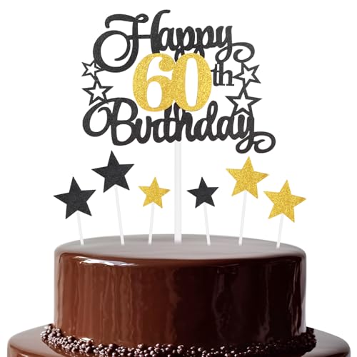 Schwarz-goldener Geburtstagskuchenaufsatz, festlich und jede Party, Zahl 60, Kuchendekoration, doppelseitig, glänzend, für Frau und Mann, Geburtstagsdekoration von mciskin