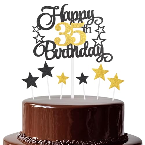 Schwarz-goldener Geburtstagskuchenaufsatz, festlich und jede Party Nummer 35, Kuchendekoration, doppelseitig, glänzend, für Frau und Mann, Geburtstagsdekoration von mciskin