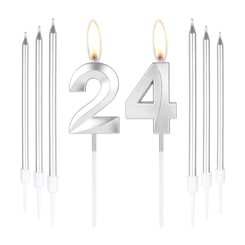 mciskin Silber 24. Geburtstag Kuchen Kerzen Zahl 24 Kerzen mit 6 Stück Langen Kerzen, Partykerzen für Kuchen, Silberkerzen, Tortenaufsätze für Jungen, Mädchen, Männer, Frauen, 24 von mciskin