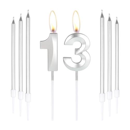 Silberne Kerzen zum 13. Geburtstag, Zahl 13 Kerzen mit 6 langen Kerzen, Party-Kerzen für Kuchen, silberne Kerzen, Kuchenaufsätze für Jungen, Mädchen, Männer, Frauen, 13. Geburtstag, Dekoration Silberne Kerzen zum 13. Geburtstag, Zahl 13 Kerzen mit 6 langen Kerzen, Party-Kerzen für Kuchen, silberne Kerzen, Kuchenaufsätze für Jungen, Mädchen, Männer, Frauen, 13. Geburtstag, Dekoration von mciskin