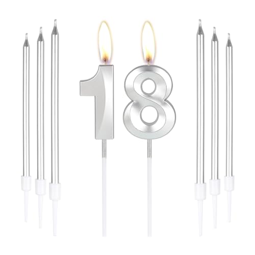 Silberne Kerzen zum 18. Geburtstag, Zahl 18 Kerzen mit 6 langen Kerzen, Party-Kerzen für Kuchen, silberne Kerzen, Kuchenaufsätze für Jungen, Mädchen, Männer, Frauen, 18. Geburtstag, Dekoration Silberne Kerzen zum 18. Geburtstag, Zahl 18 Kerzen mit 6 langen Kerzen, Party-Kerzen für Kuchen, silberne Kerzen, Kuchenaufsätze für Jungen, Mädchen, Männer, Frauen, 18. Geburtstag, Dekoration von mciskin