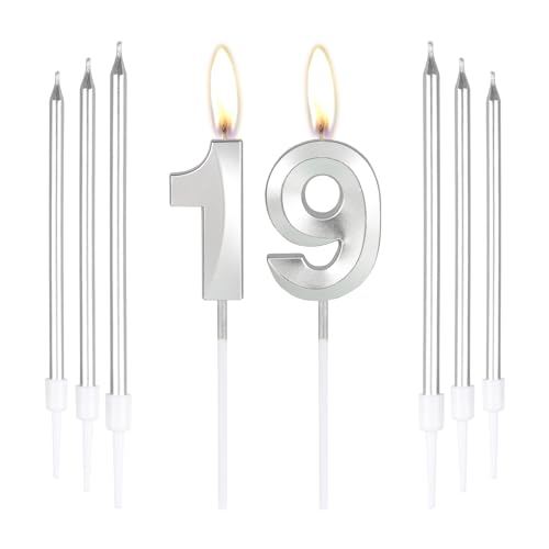 Silberne Kerzen zum 19. Geburtstag, Zahl 19 Kerzen mit 6 langen Kerzen, Party-Kerzen für Kuchen, silberne Kerzen, Kuchenaufsätze für Jungen, Mädchen, Männer, Frauen, 19. Geburtstag, Dekoration von mciskin