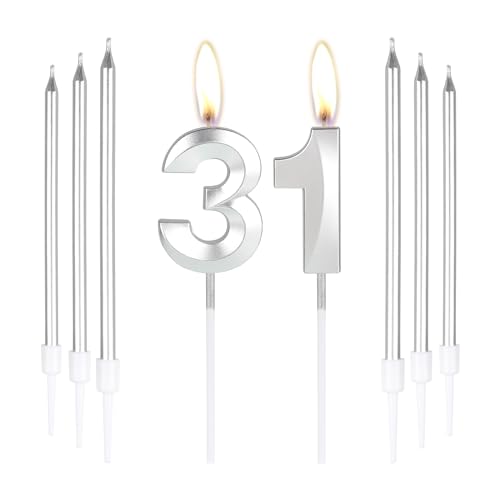 Silberne Kerzen zum 31. Geburtstag, Zahl 31 Kerzen mit 6 langen Kerzen, Party-Kerzen für Kuchen, silberne Kerzen, Kuchenaufsätze für Jungen, Mädchen, Männer, Frauen, 31. Geburtstag, Dekoration, von mciskin