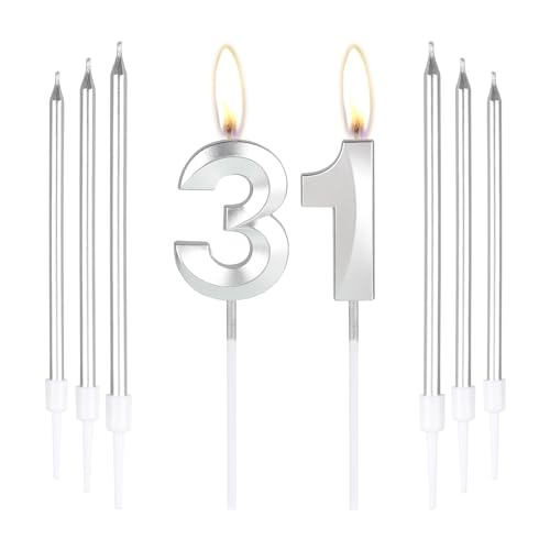 Silberne Kerzen zum 31. Geburtstag, Zahl 31 Kerzen mit 6 langen Kerzen, Party-Kerzen für Kuchen, silberne Kerzen, Kuchenaufsätze für Jungen, Mädchen, Männer, Frauen, 31. Geburtstag, Dekoration Silberne Kerzen zum 31. Geburtstag, Zahl 31 Kerzen mit 6 langen Kerzen, Party-Kerzen für Kuchen, silberne Kerzen, Kuchenaufsätze für Jungen, Mädchen, Männer, Frauen, 31. Geburtstag, Dekoration von mciskin