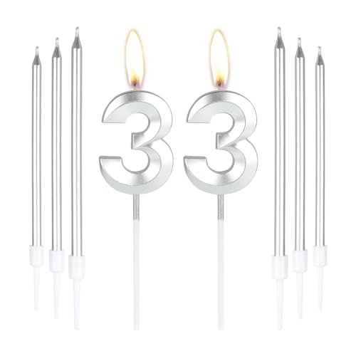 mciskin Silberne Kerzen zum 33. Geburtstag, Zahl 16 Kerzen mit 6 Langen Kerzen, Party-Kerzen für Kuchen, Silberne Kerzen, Kuchenaufsätze für Jungen, Mädchen, Männer, Frauen, 33. von mciskin