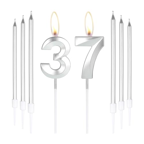 Silberne Kerzen zum 37. Geburtstag, Zahl 37 Kerzen mit 6 langen Kerzen, Party-Kerzen für Kuchen, silberne Kerzen, Kuchenaufsätze für Jungen, Mädchen, Männer, Frauen, 37. Geburtstag, Dekoration Silberne Kerzen zum 37. Geburtstag, Zahl 37 Kerzen mit 6 langen Kerzen, Party-Kerzen für Kuchen, silberne Kerzen, Kuchenaufsätze für Jungen, Mädchen, Männer, Frauen, 37. Geburtstag, Dekoration von mciskin