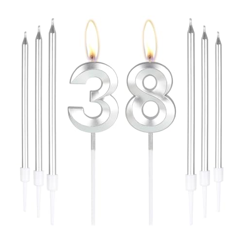 Silberne Kerzen zum 38. Geburtstag, Zahl 38 Kerzen mit 6 langen Kerzen, Party-Kerzen für Kuchen, silberne Kerzen, Kuchenaufsätze für Jungen, Mädchen, Männer, Frauen, 38. Geburtstag, Dekoration von mciskin