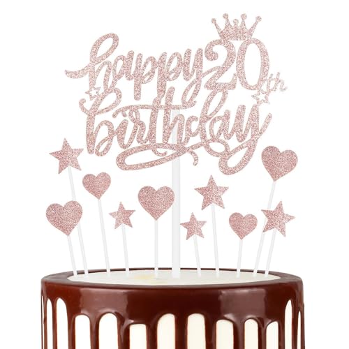 „mciskin“ „Happy 20th Birthday“-Kuchenaufsatz, Roségold-Kuchen-Cupcake-Aufsatz für Kuchen, glitzernde Herz-Sterne-Kuchenaufsatz, Geburtstagsgeschenk, personalisierte Kuchenaufsätze für Frauen und Mäd von mciskin