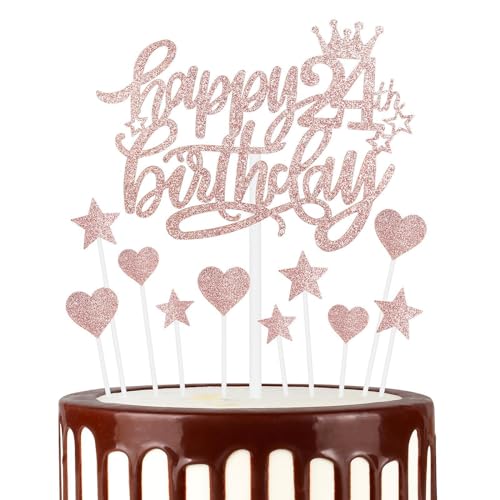 Tortenaufsätze "Happy 24th Birthday", Roségold, Kuchen-Cupcake-Topper für Kuchen, glitzerndes Herz, Sterne, Kuchenaufsätze, Geburtstagsgeschenk, personalisierte Kuchendekorationen für Frauen und von mciskin