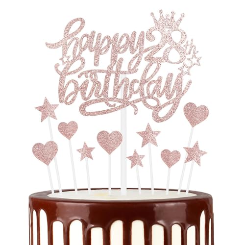 Tortenaufsätze "Happy 28th Birthday", Roségold, Kuchen-Cupcake-Topper für Kuchen, glitzerndes Herz, Sterne, Kuchenaufsätze, Geburtstagsgeschenk, personalisierte Kuchendekorationen für Frauen und von mciskin