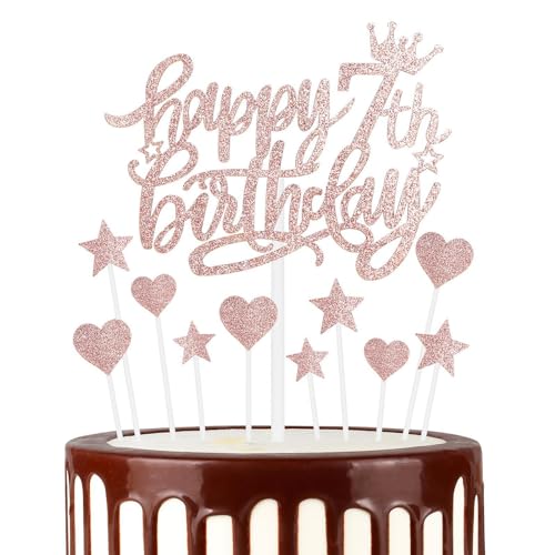 Tortenaufsätze zum 7. Geburtstag, Roségold, 11 Stück, glitzernde Herz-Sterne, Kuchenaufsätze, Geburtstagsgeschenk, personalisierter Tortenaufsatz für Mädchen, Babys, 7. Geburtstag, Kuchendekorationen von mciskin