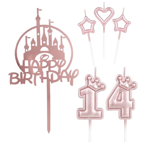 Tortenaufsatz "Happy 14th Birthday", rosa Schloss-Kuchenaufsatz, Krone Nummer 14, Kerze für Kuchen, rosa Kuchenkerzen, Kuchendekoration für Mädchen und Frauen, Geburtstagsparty, 14. Hochzeitstag, von mciskin