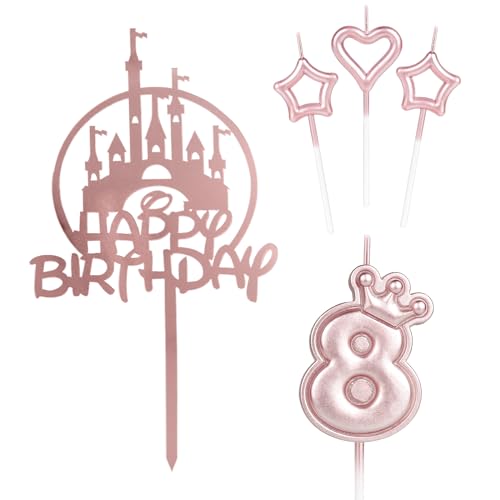 Tortenaufsatz Happy 8th Birthday, rosa Schloss, Krone Nummer 8, Kerze für Kuchen, rosa Kuchenkerze, Cupcake-Topper für Mädchen, Baby-Geburtstagsparty, 8. Hochzeitstag, De von mciskin
