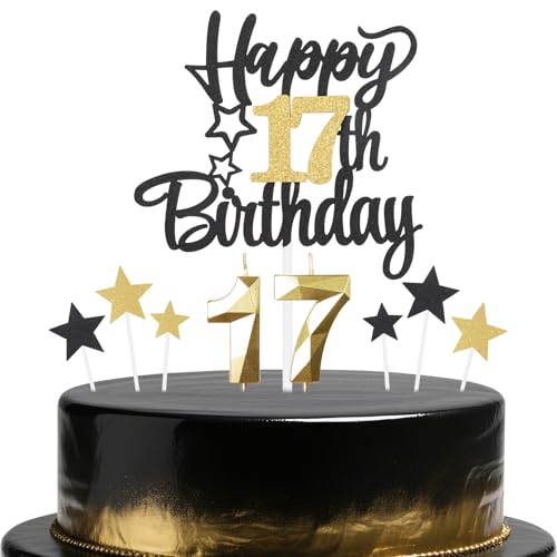 Tortenaufsatz-Set zum 17. Geburtstag, Dekoration für Jungen, goldene Zahl 17, Kerze für Kuchen, goldene Kerze, schwarzer Stern, Cupcake-Topper für Mädchen und Jungen, Geburtstagsparty-Zubehör von mciskin
