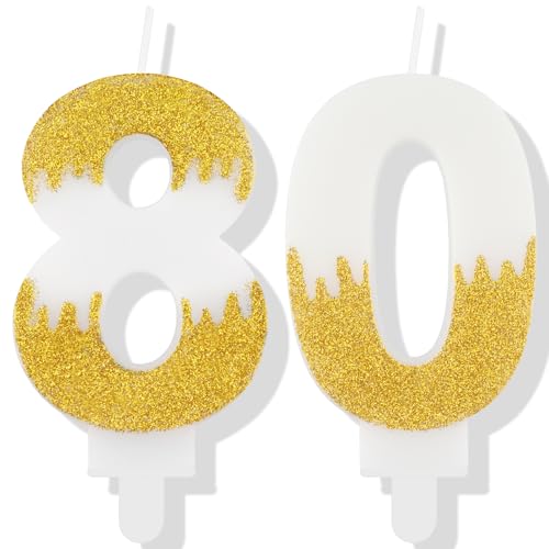 Weiße Geburtstagskerze, goldene Zahl 80 Kerzen für Kuchen, Gold Weiß 80. Geburtstag Kuchendekoration, Weißgold-Kerzen-Kuchenaufsätze für Frauen und Männer, Geburtstagstortendekorationen von mciskin
