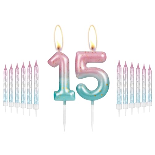 i-QiQi Kerzen zum 15. Geburtstag, rosa bis Blaue Farbverlaufskerze mit 12 Spiralkerzen mit Farbverlauf für Nummer 15, Kuchenkerzen für Alles Gute zum 15. Geburtstag, Kuchendekorationen, Party i-QiQi Kerzen zum 15. Geburtstag, rosa bis Blaue Farbverlaufskerze mit 12 Spiralkerzen mit Farbverlauf für Nummer 15, Kuchenkerzen für Alles Gute zum 15. Geburtstag, Kuchendekorationen, Party von mciskin