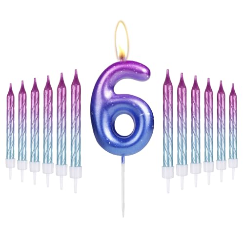 i-QiQi Kerzen zum 6 Geburtstag, violett bis blau, Farbverlaufskerzen mit 12 Stück Farbverlaufskerzen für Zahl 6, Kuchenkerzen für Happy Birthday, Kuchendekoration, Party, Hochzeit, Jahrestag, von mciskin