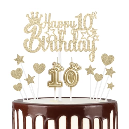 mciskin 10 Happy Birthday Kerzen Cake Toppers, Krone Nummer 10 Kerze für Kuchen, Mädchen 10 Geburtstag Dekoration, Kuchen Kerze Cake Topper für Frauen Geburtstagsfeier Hochzeitstag (Champagner Gold) von mciskin