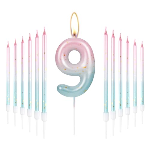 mciskin 13 Stück 9. Geburtstag Zahlenkerzen Dekorationen, Bunte 9 Kerzen mit rosa blauen Langen Kerzen für Kuchen, Kuchenkerzen, Kuchenaufsatz für Jungen, Mädchen, Männer, Frauen von mciskin