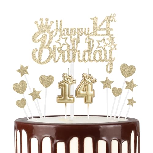 mciskin 14 Happy Birthday Kerzen Cake Toppers, Krone Nummer 14 Kerze für Kuchen, Mädchen 14 Geburtstag Deko, Kuchen Kerze Cake Topper für Frauen Geburtstagsfeier Hochzeitstag (Champagner Gold) von mciskin