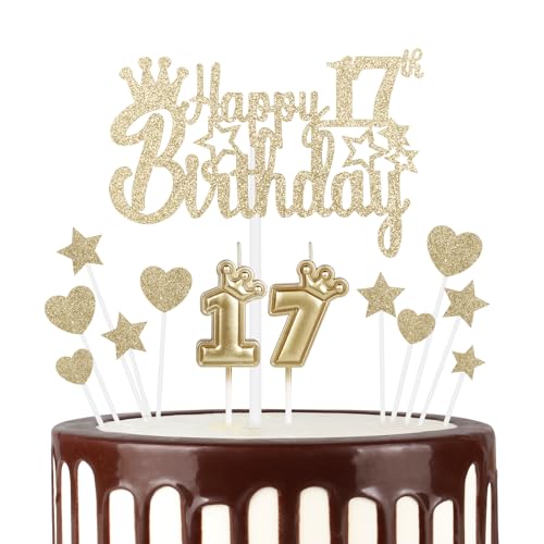 mciskin 17 Happy Birthday Kerzen Cake Toppers, Krone Nummer 17 Kerze für Kuchen, Mädchen 17 Geburtstag Dekoration, Kuchen Kerze Cake Topper für Frauen Geburtstagsfeier Hochzeitstag (Champagner Gold) von mciskin