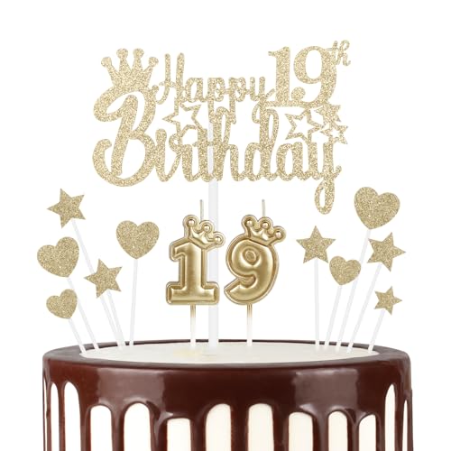 mciskin 19 Happy Birthday Kerzen Cake Toppers, Krone Nummer 19 Kerze für Kuchen, Mädchen 19 Geburtstag Deko, Kuchen Kerze Cake Topper für Frauen Geburtstagsfeier Hochzeitstag (Champagner Gold) von mciskin